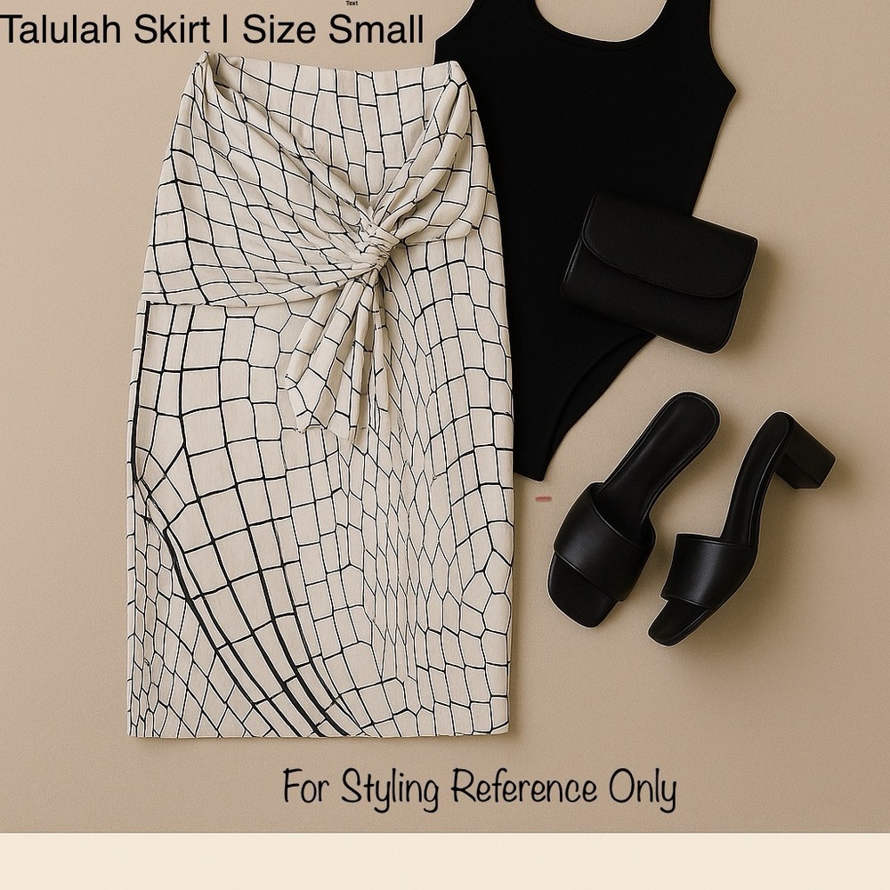 TALULAH Skirt | Size S | Black & White Abstract Print – Draped Tie Waist Detail